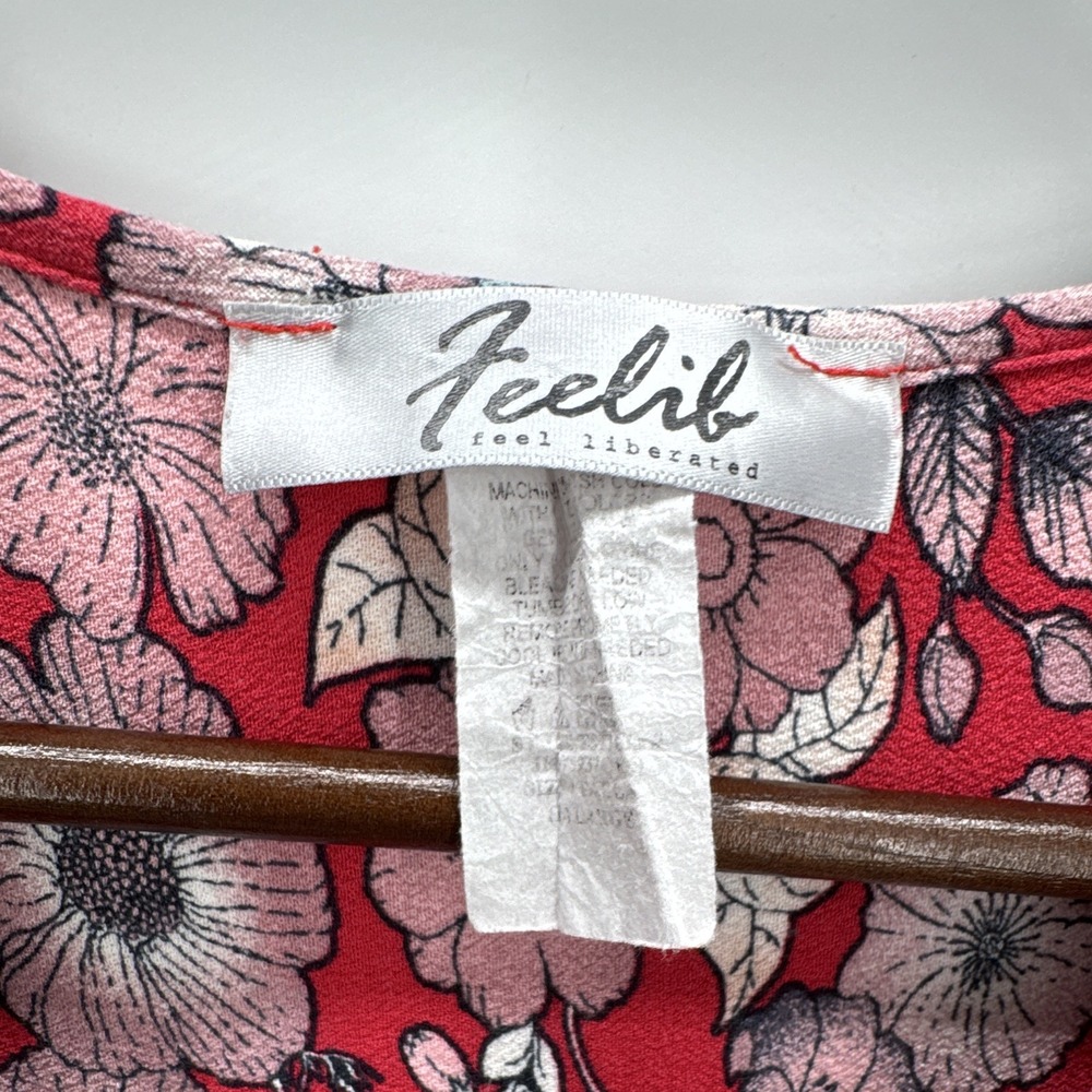 Feelib Womens Red Floral Blouse V-Neck Tie Closure Tasseled Short Sleeve - Picture 3 of 6